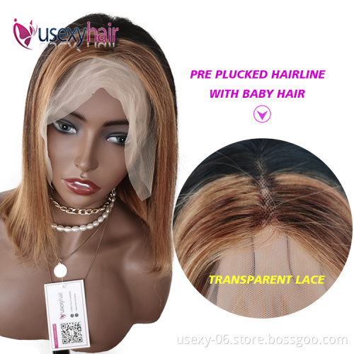 Hot selling short ombre 1b/30 transparent hd lace pre plucked frontal wigs 100 human hair wigs lace front brazilian hair bob wig